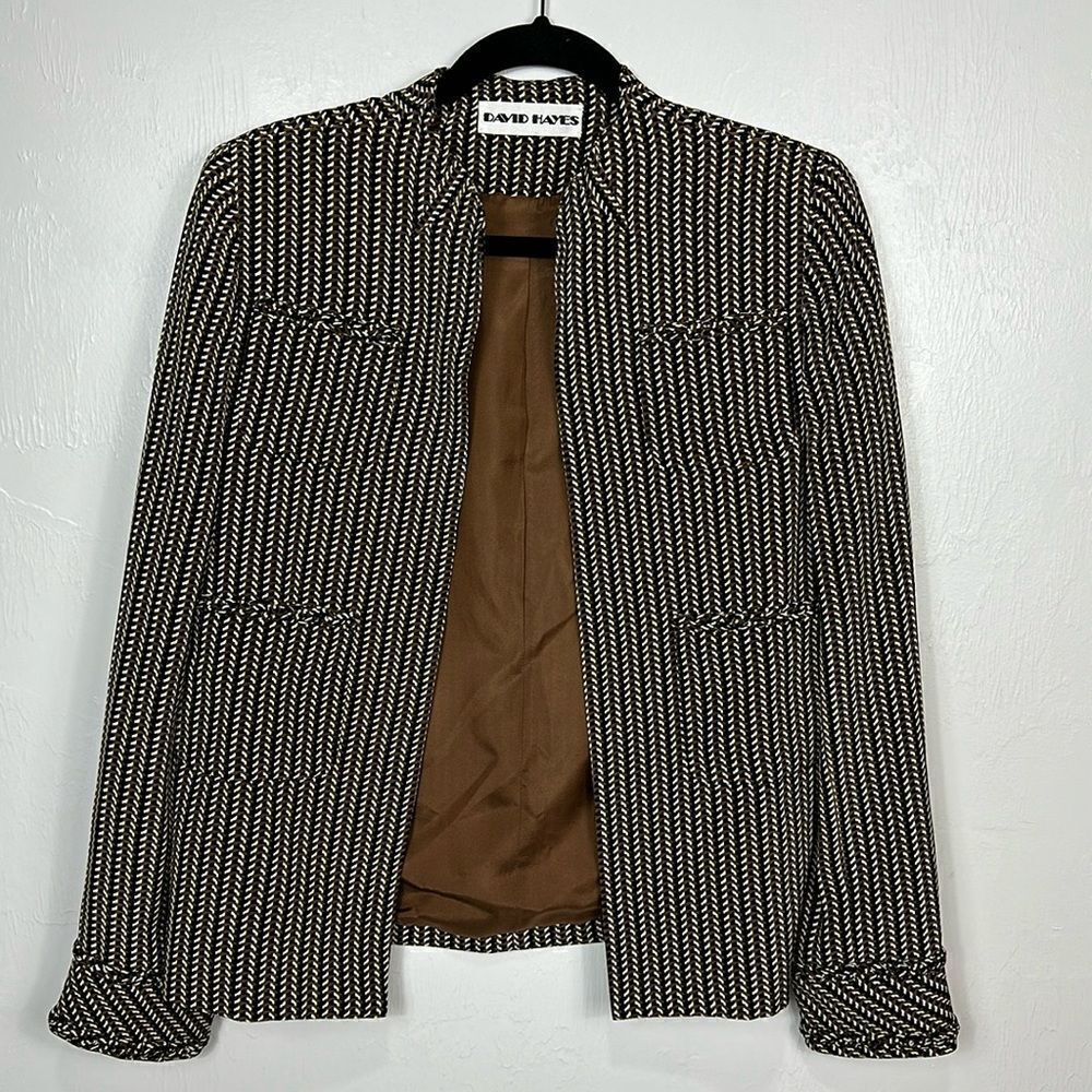 David Hayes Vintage Pure Silk Herringbone Print Open Front Jacket Size 6